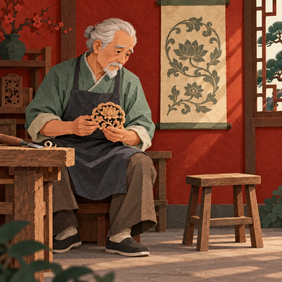 An elderly craftsman holds a carved piece beside an empty apprentice stool