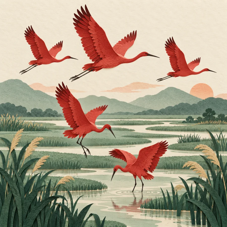 A flock of migratory birds lands on a reedy marsh with shallow water