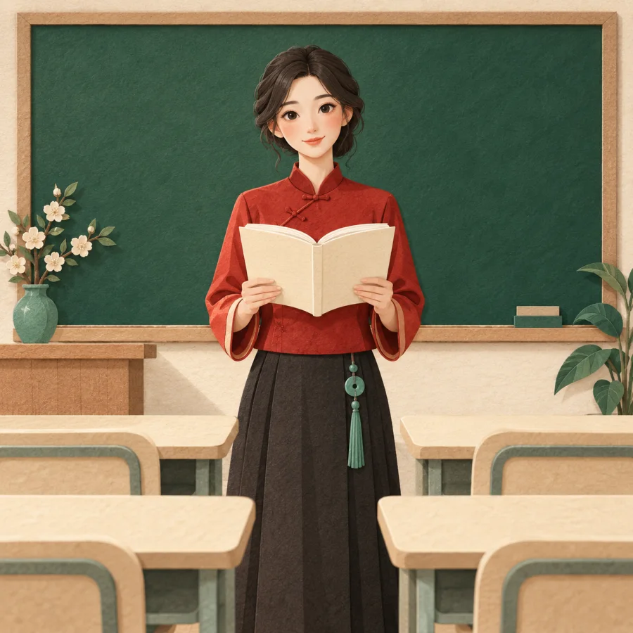 A young woman with a book stands in a classroom facing rows of desks
