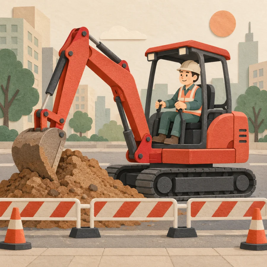 A worker in a helmet operates an excavator behind barriers on a street