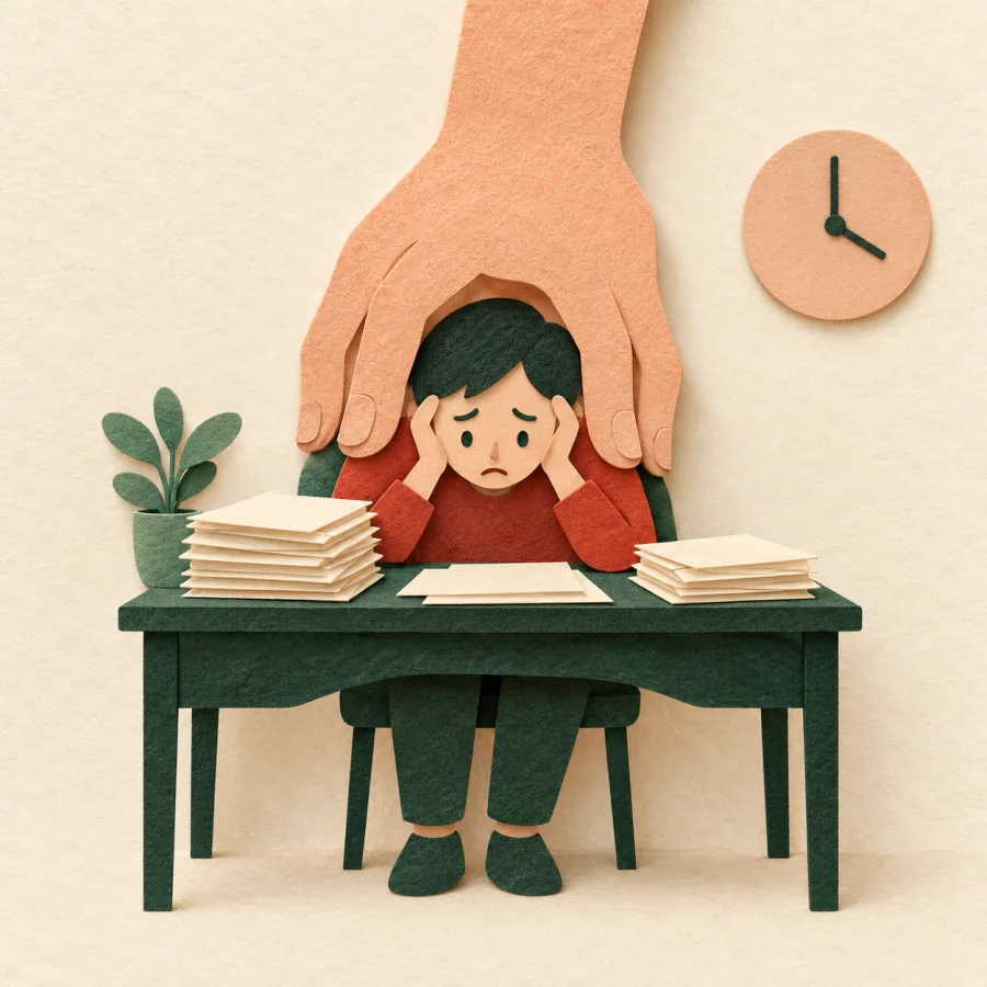 A large hand presses down on a small person at a paper-covered desk