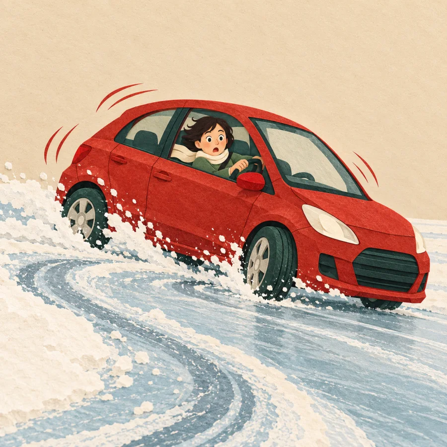 A driver spins the wheel as the car slides on ice