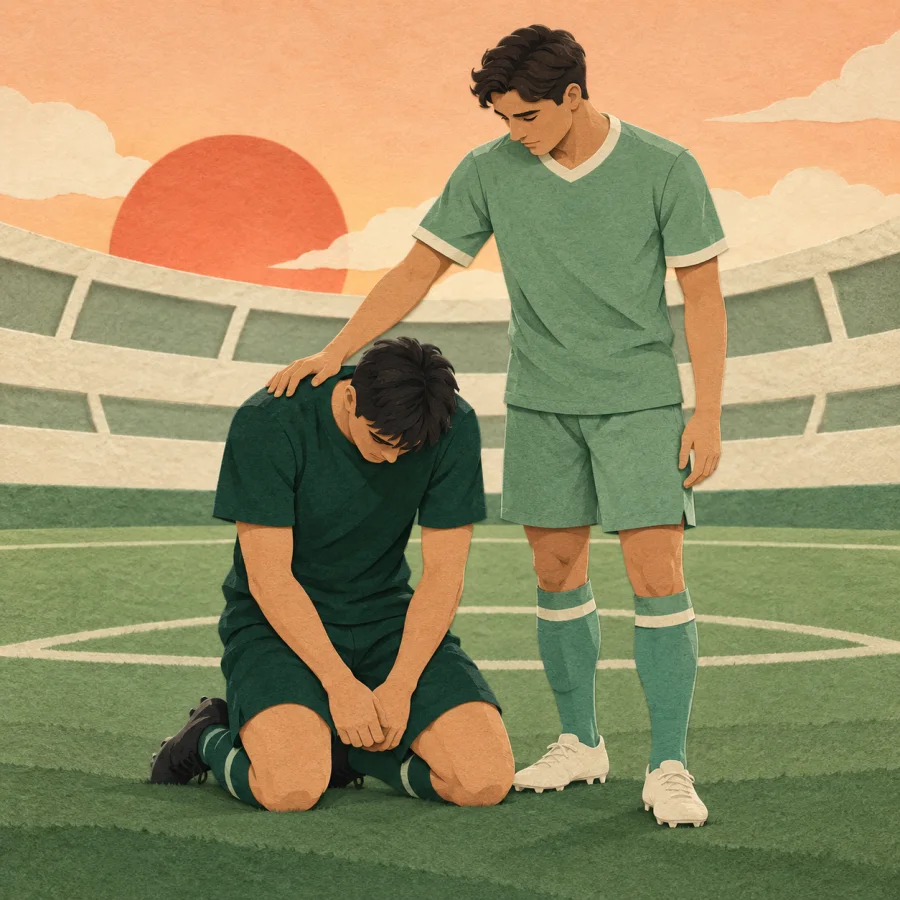 A beaten player kneels on the pitch as a teammate comforts him