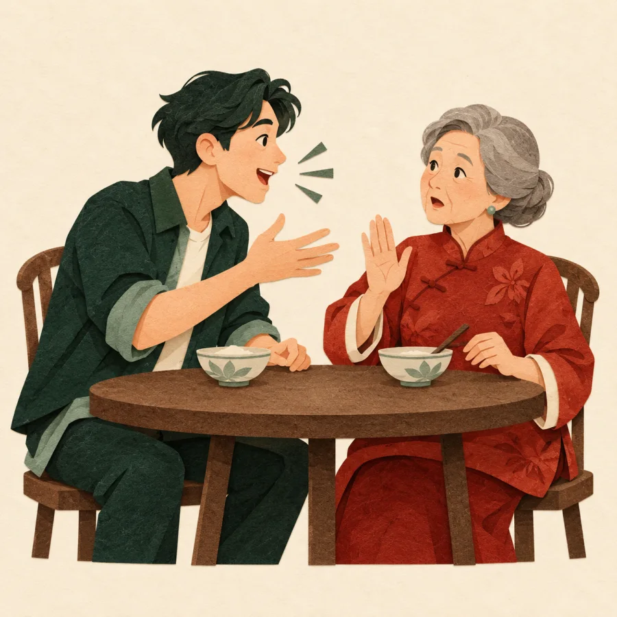 A young guest talks over an older person at the table