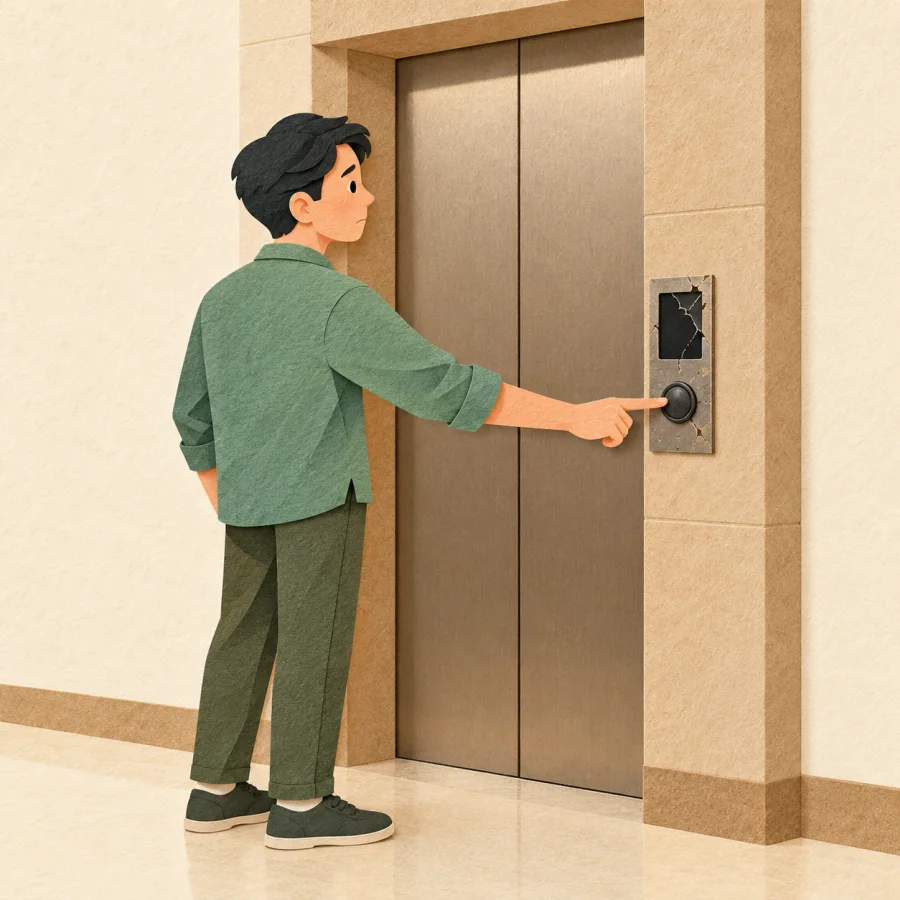 A man presses the elevator button but the doors stay shut