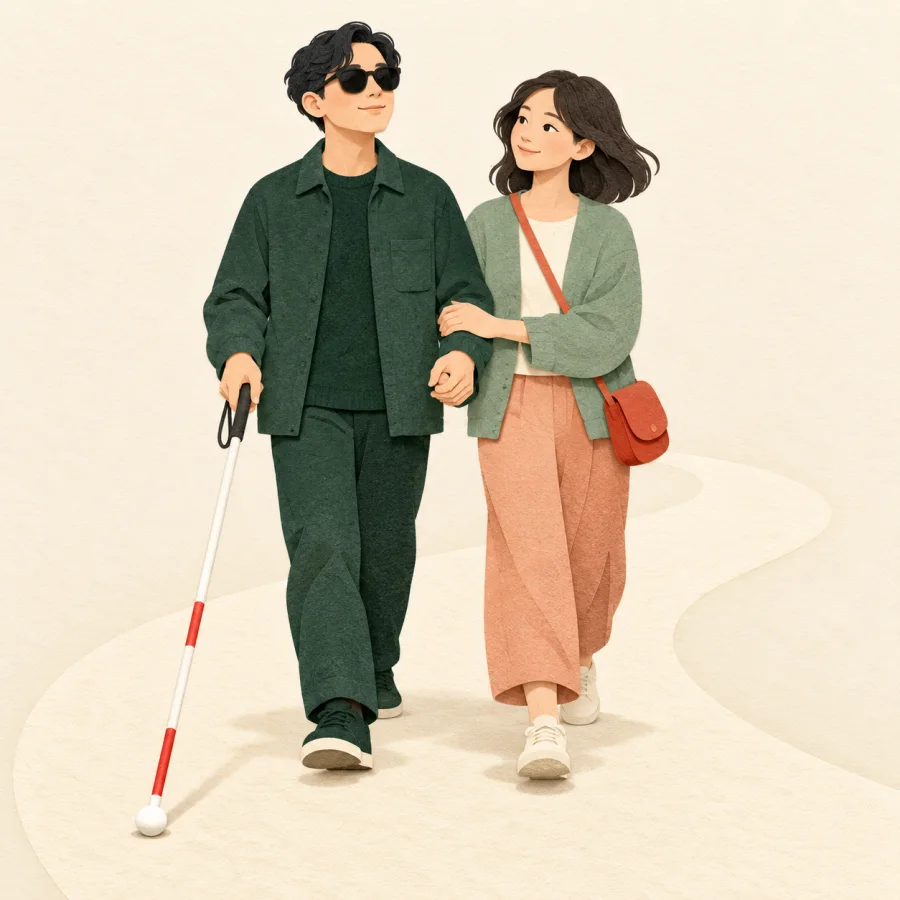 A person walking with a white cane, guided by a friend along a path