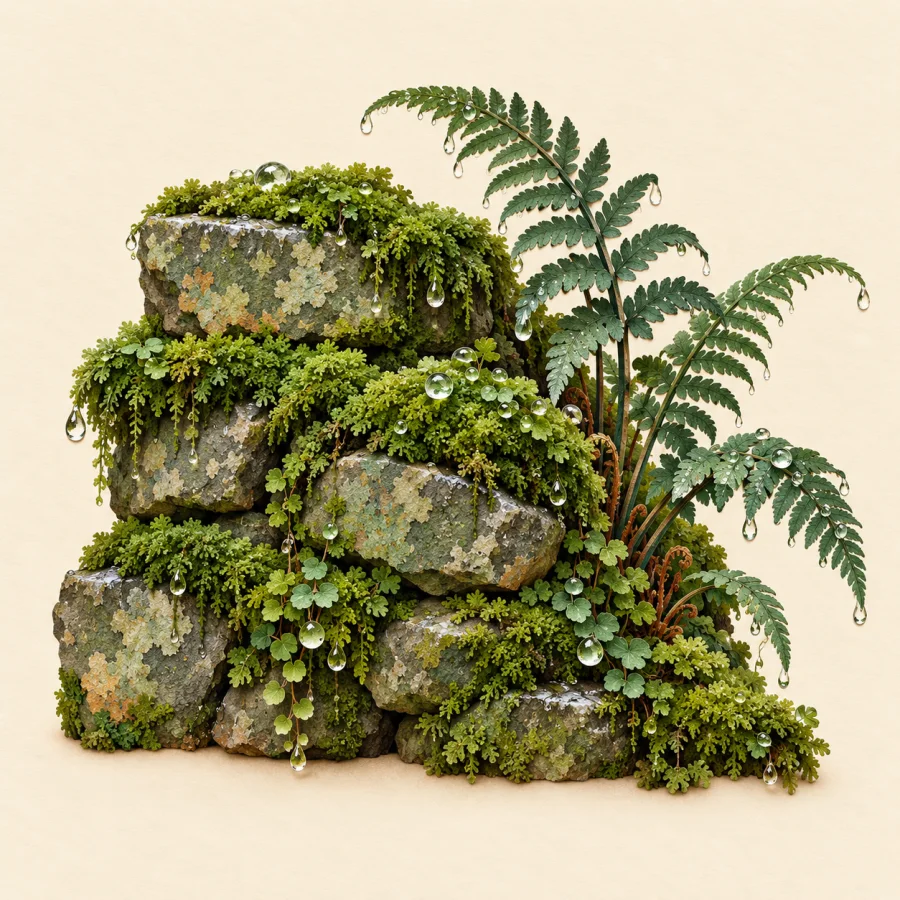 A mossy stone wall and fern with raindrops glistening on it