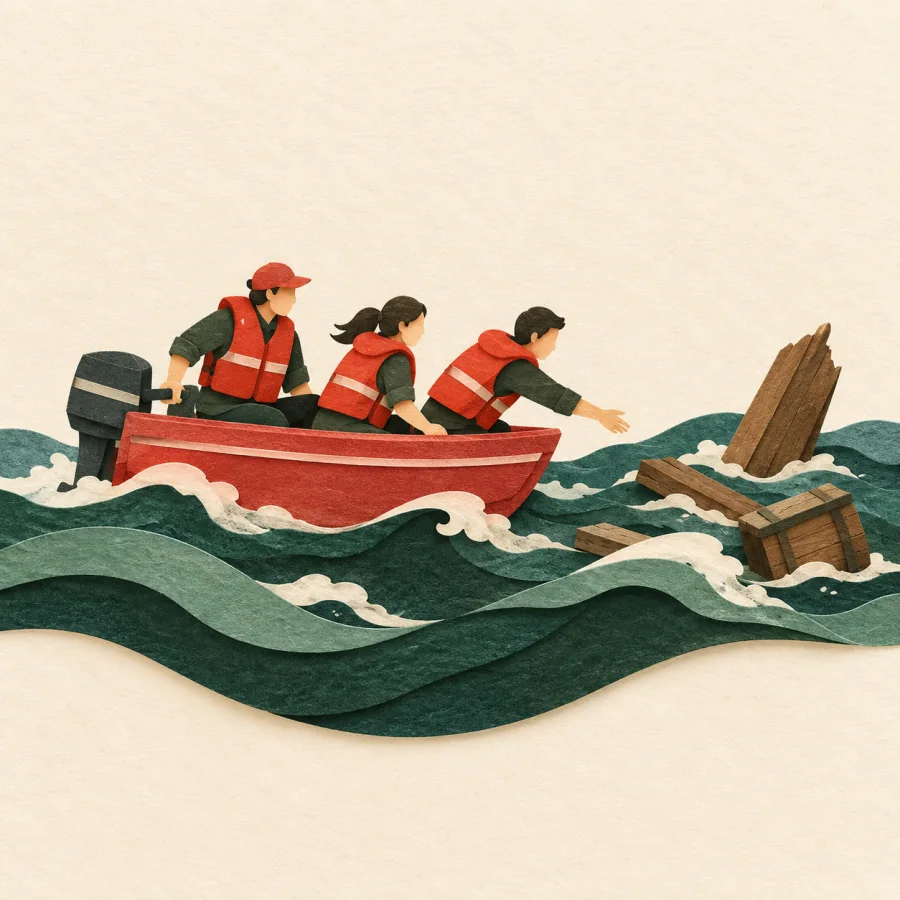 A rescue boat among floating wreckage in green and red tones