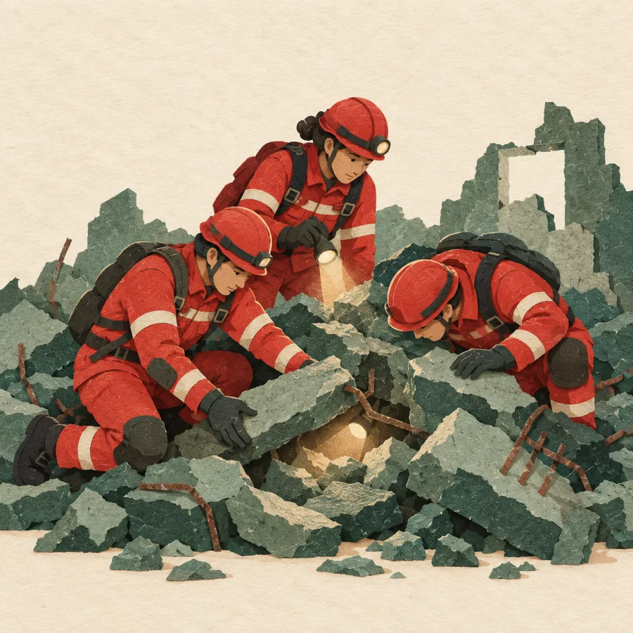 Rescue workers searching the rubble of a collapsed building