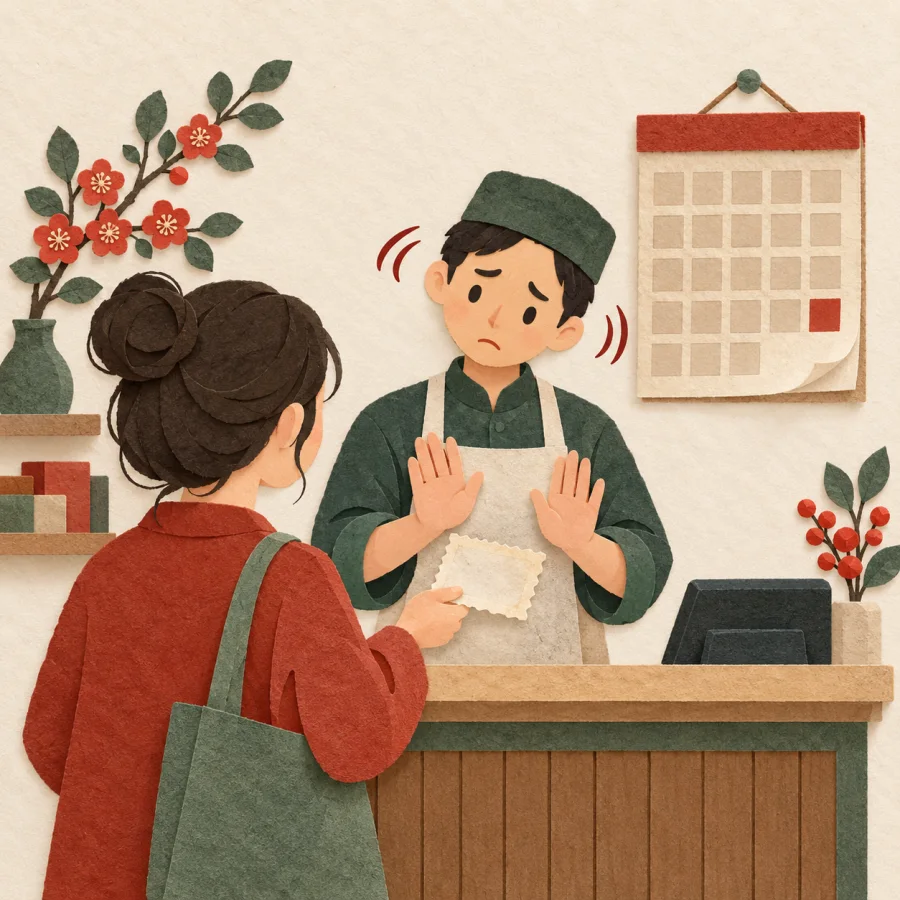 A clerk refuses a customer holding a faded expired coupon near a calendar