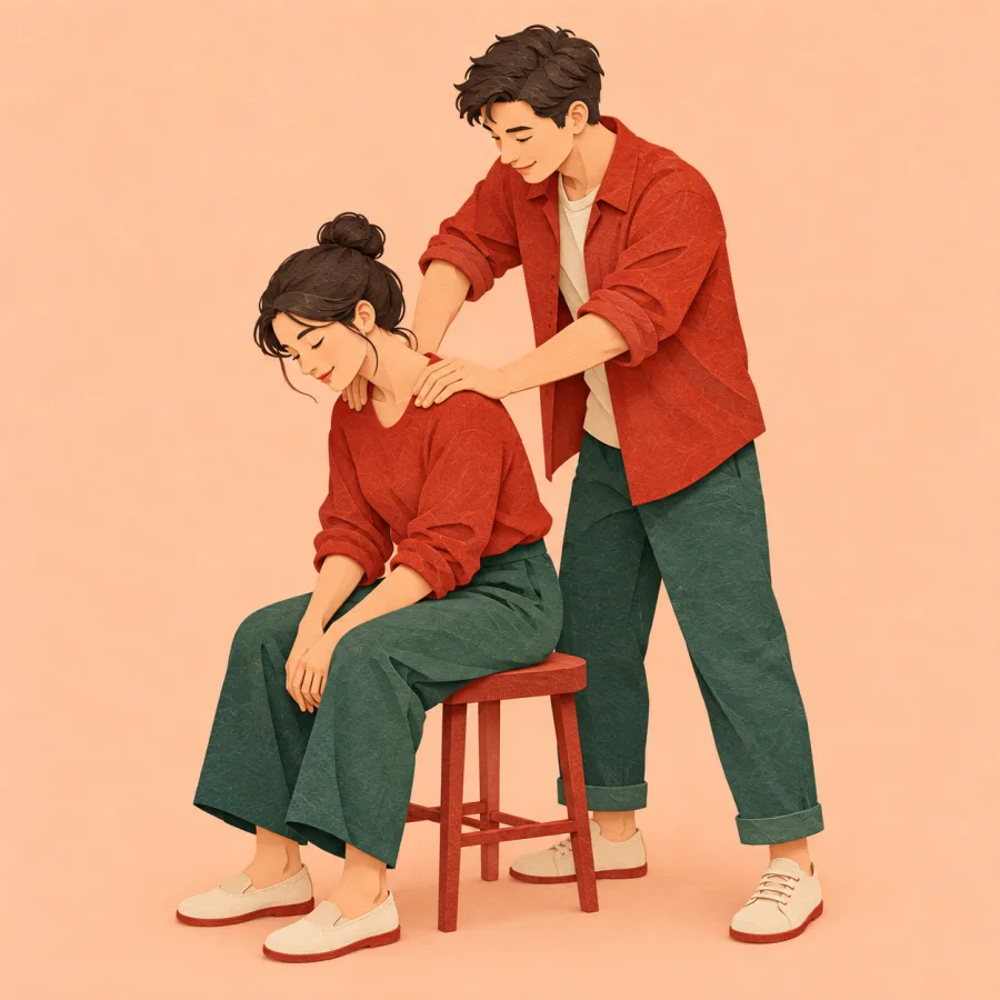 A person presses down on the shoulders of a seated figure