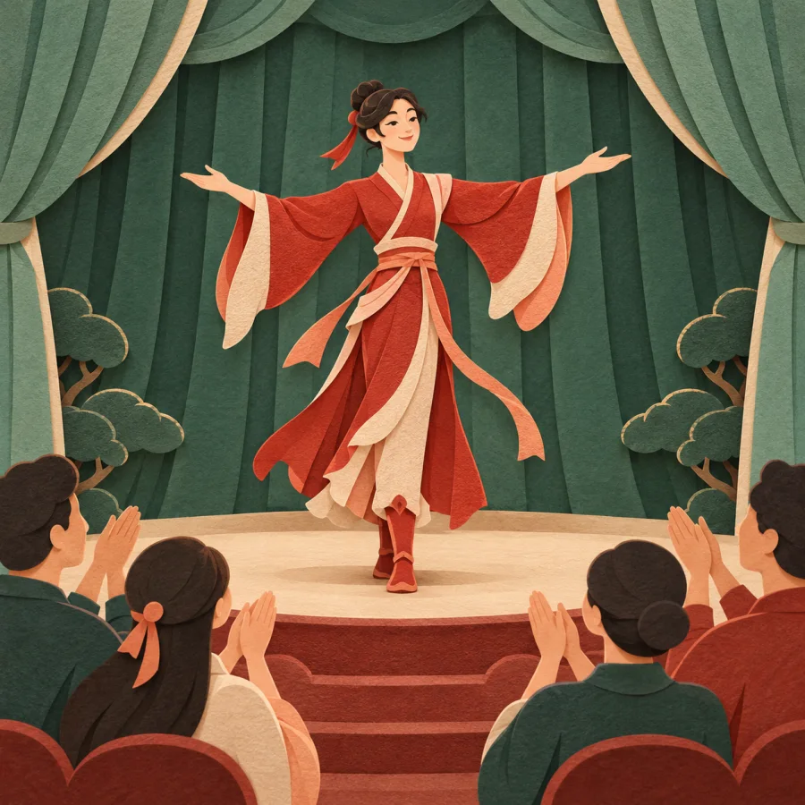 A performer gracefully gestures on a small stage while spectators clap