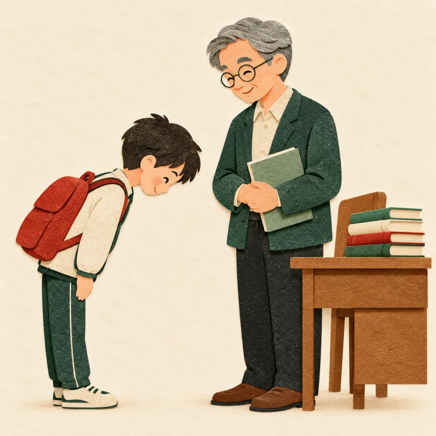 A student bows respectfully to a teacher beside a desk with books