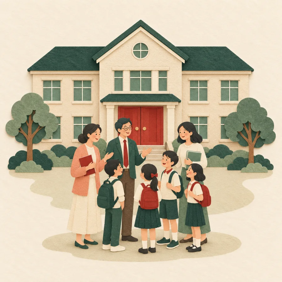 Teachers talk with students outside a school with red doors