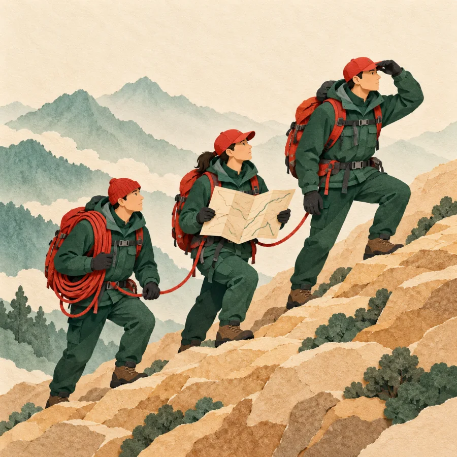 Rescuers with a rope search for a missing hiker in the mountains