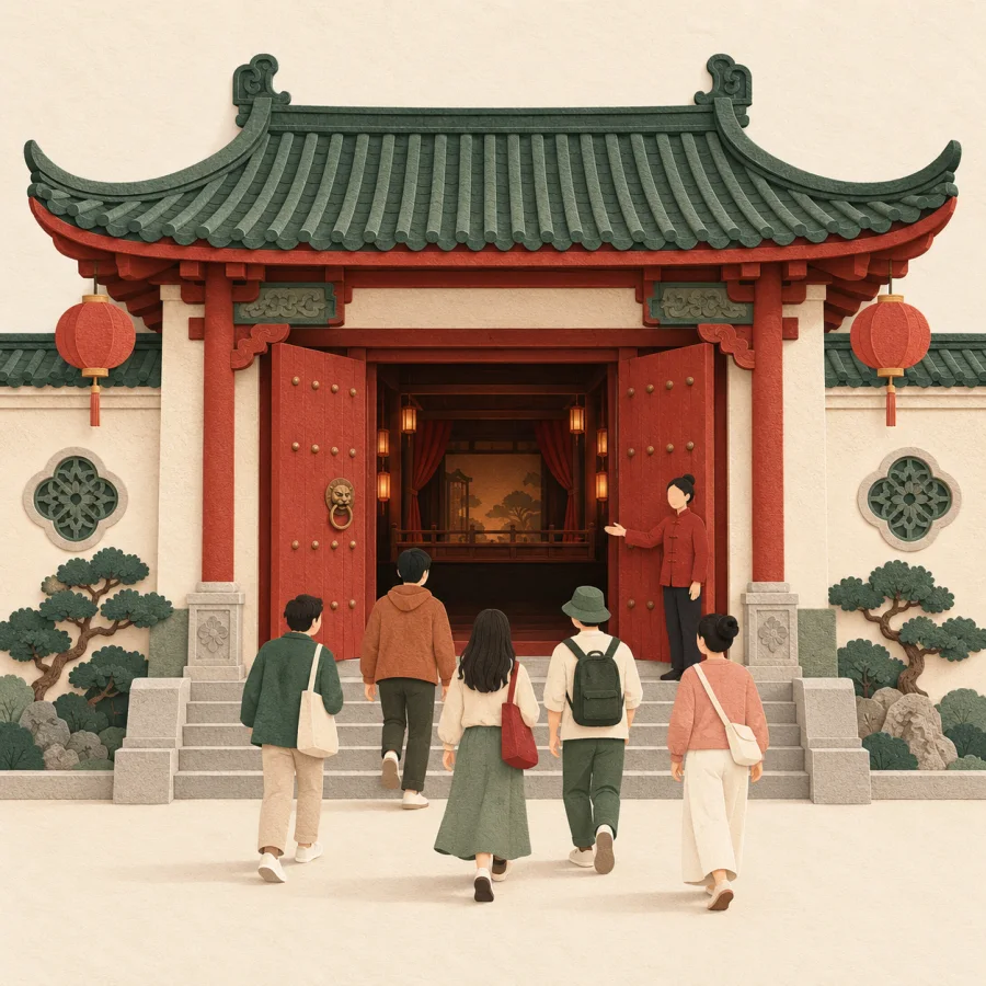 People enter a freshly reopened old red theatre