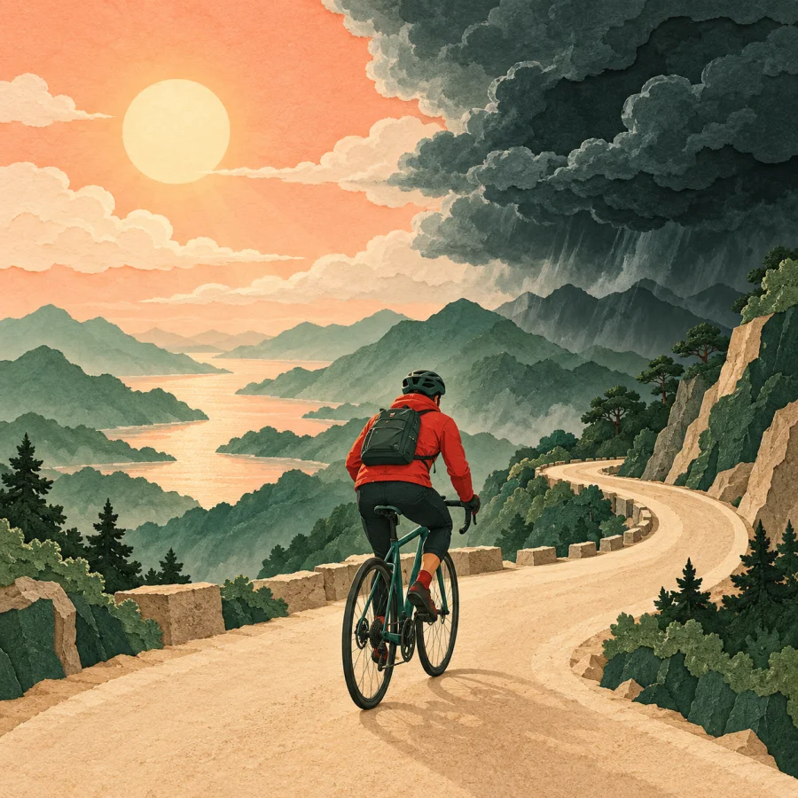 A cyclist rides a winding road under a changing sky