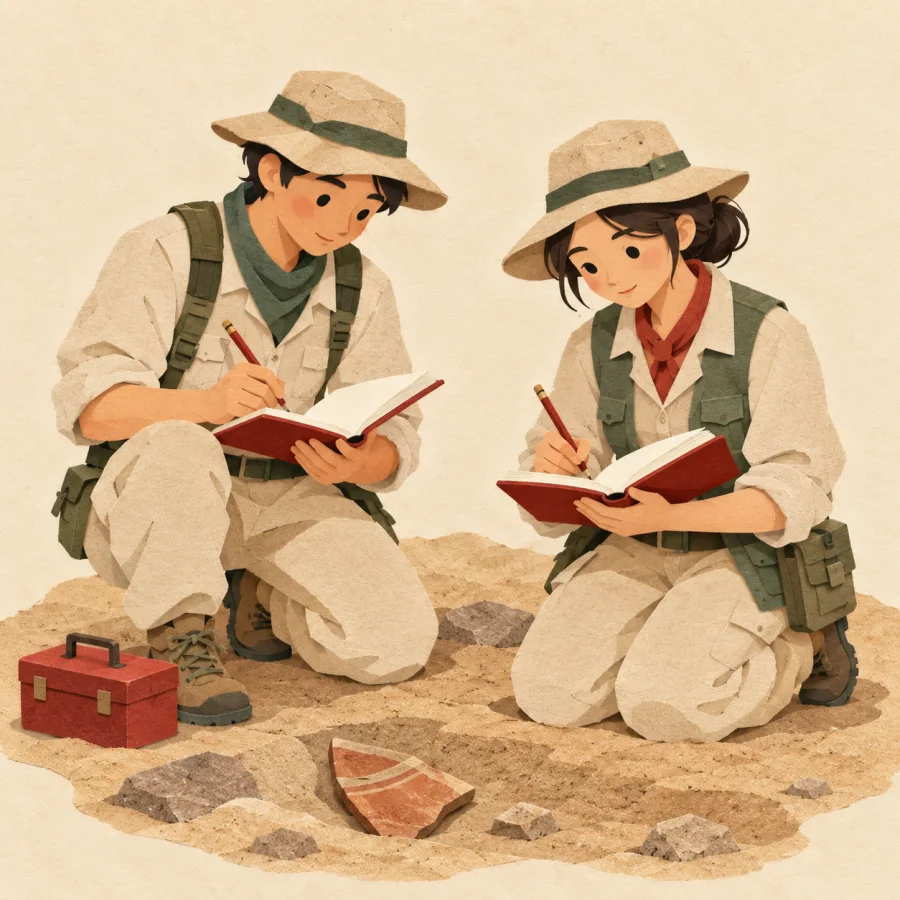 Two researchers take notes at a sandy field site