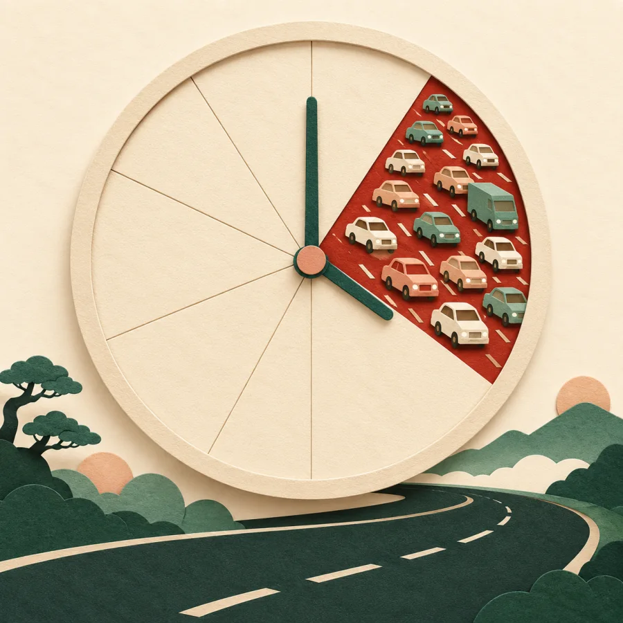 A clock face divided into sections, one red section above a busy road