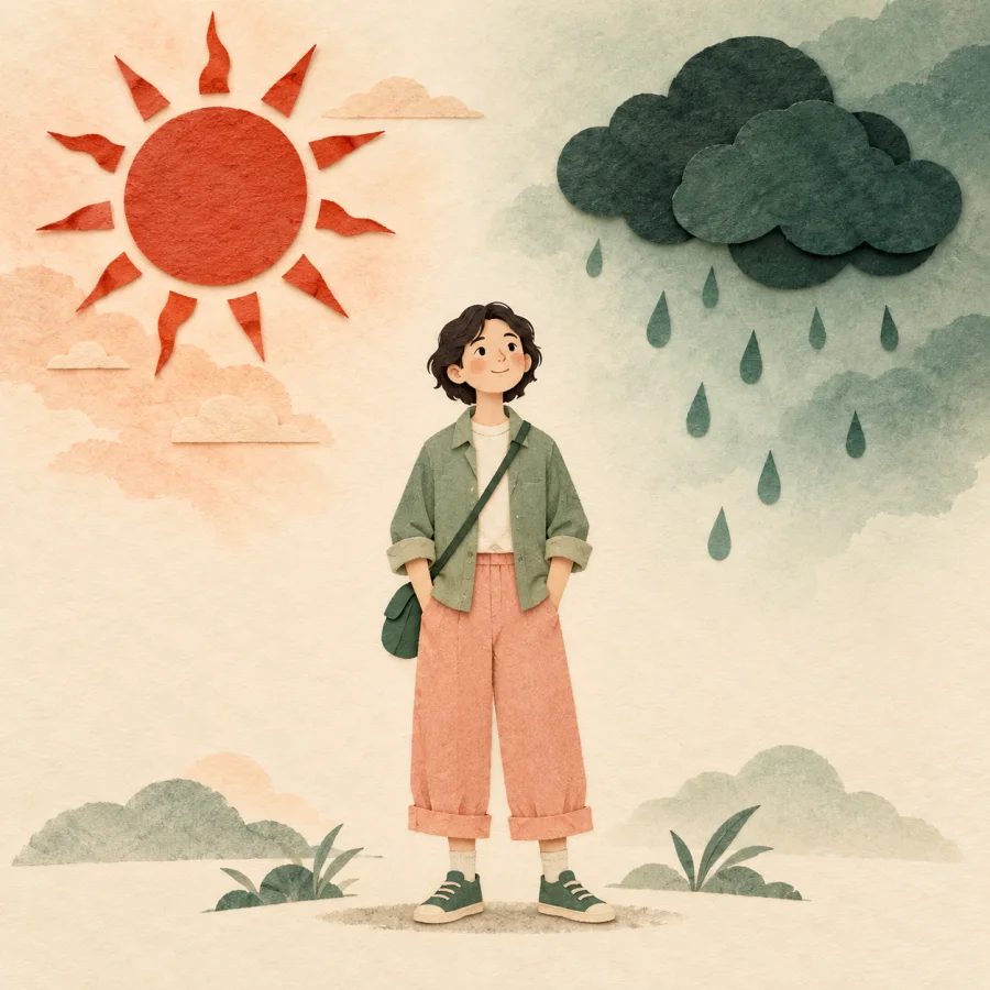 A person beneath half a sun and half a storm cloud
