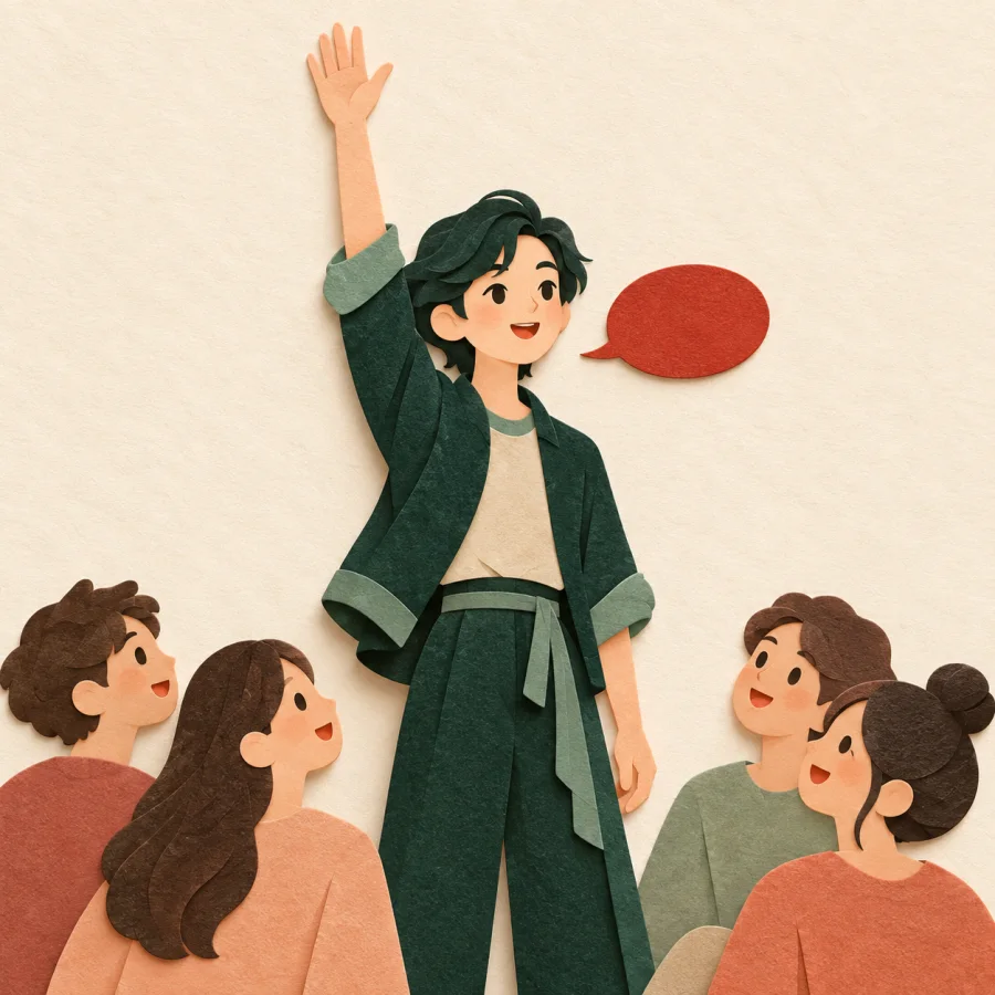 A person speaks with raised hand before a small audience