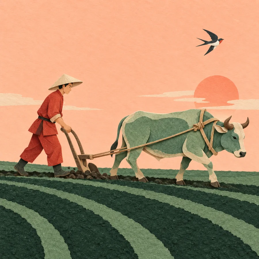 A farmer leads an ox across a ploughed field, a swallow flies above