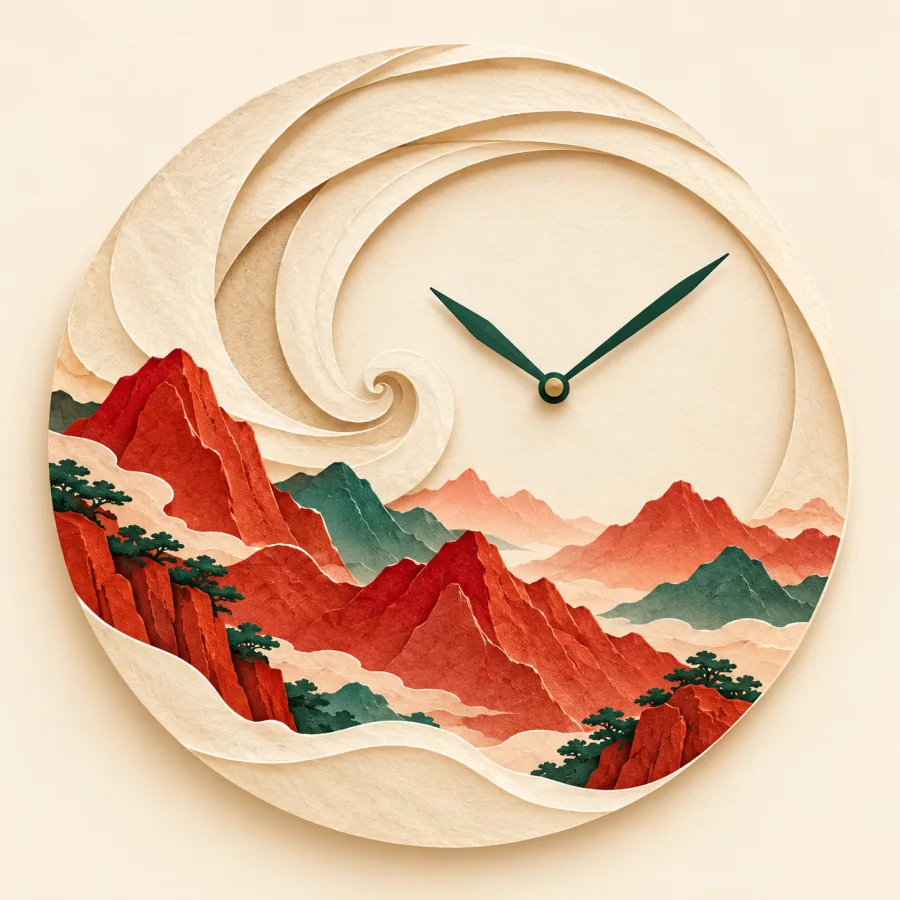 A clock face and mountain skyline merge in one swirling spiral