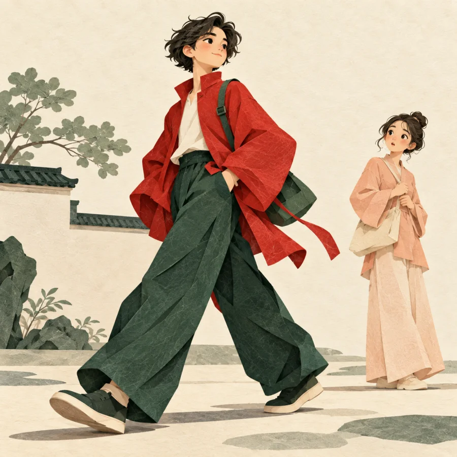 A stylish person in bright clothes walks past a plainly dressed onlooker