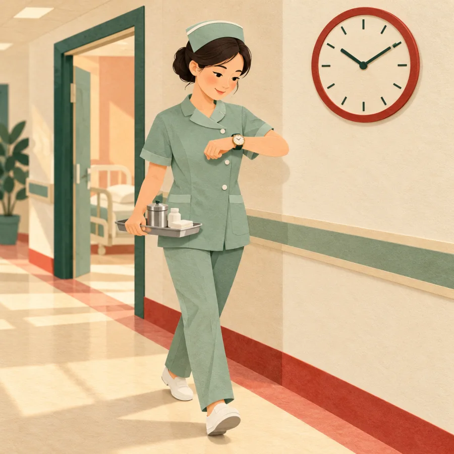 A nurse walking down a corridor glances at her wristwatch