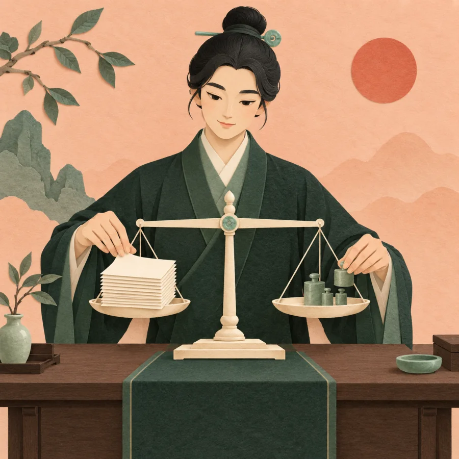 A person balances a scale with documents and weights on it