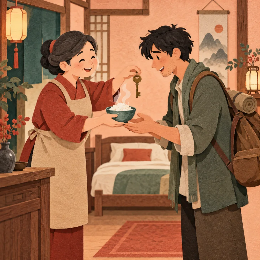 An innkeeper hands a traveller a bowl of rice and a key