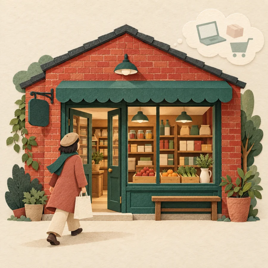 A brick shop with a customer walking in carrying a bag