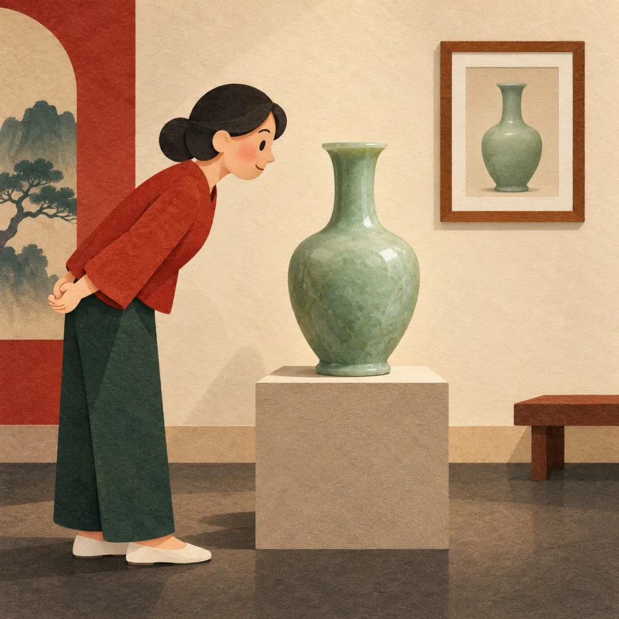 A museum visitor examines a real jade vase on display
