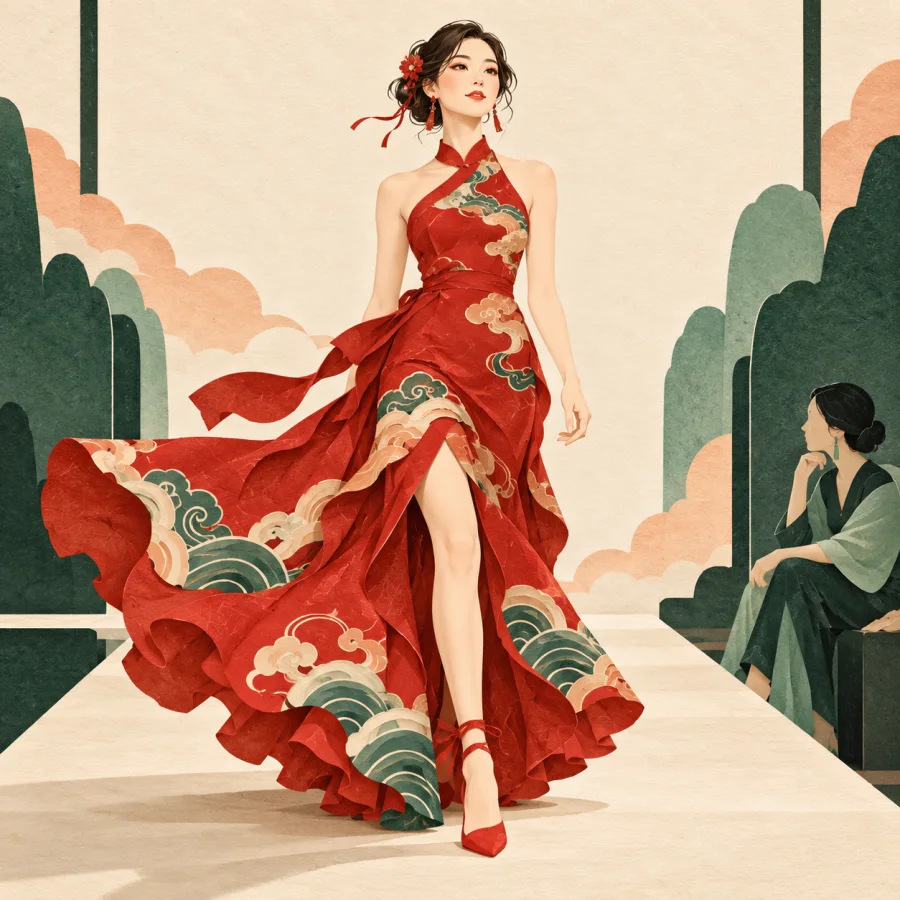 A model in a red patterned dress walks the runway