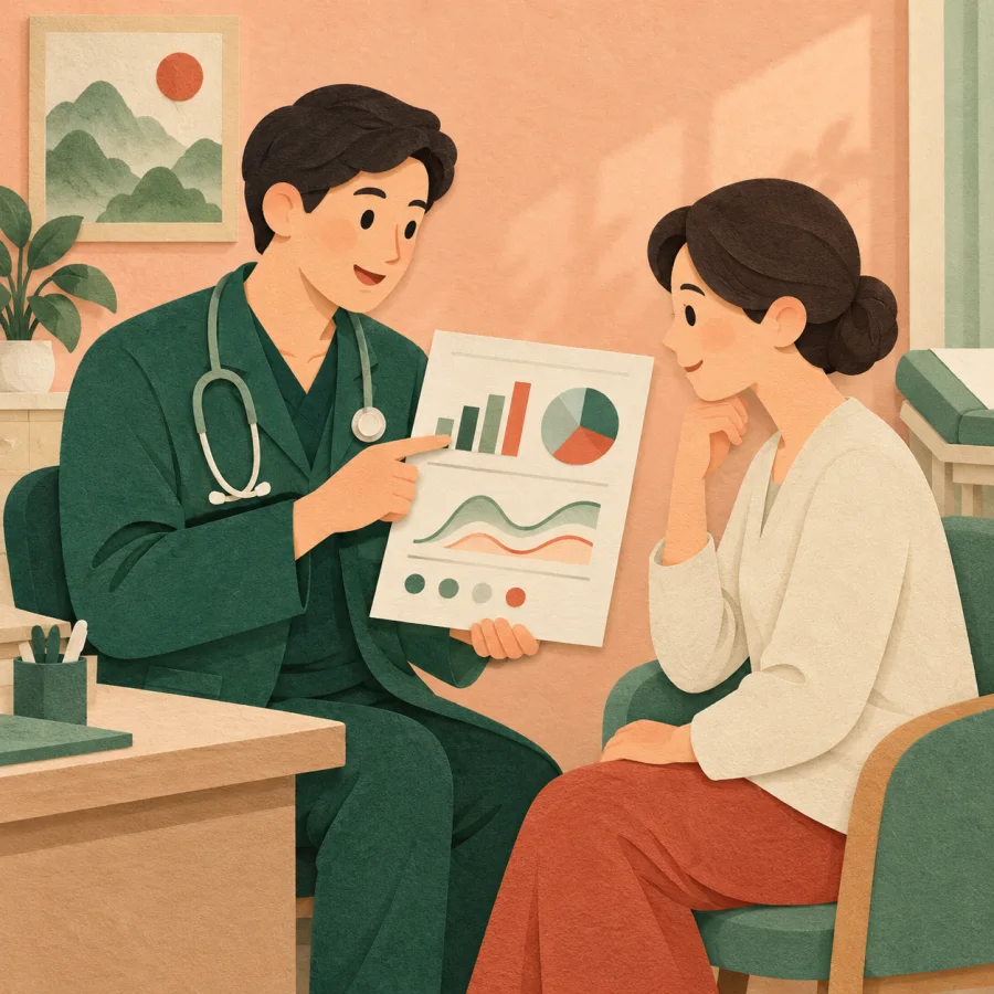A doctor in a green coat shows a patient a report