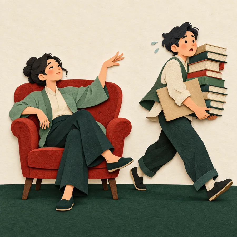 One sits lounging giving orders while another carries books