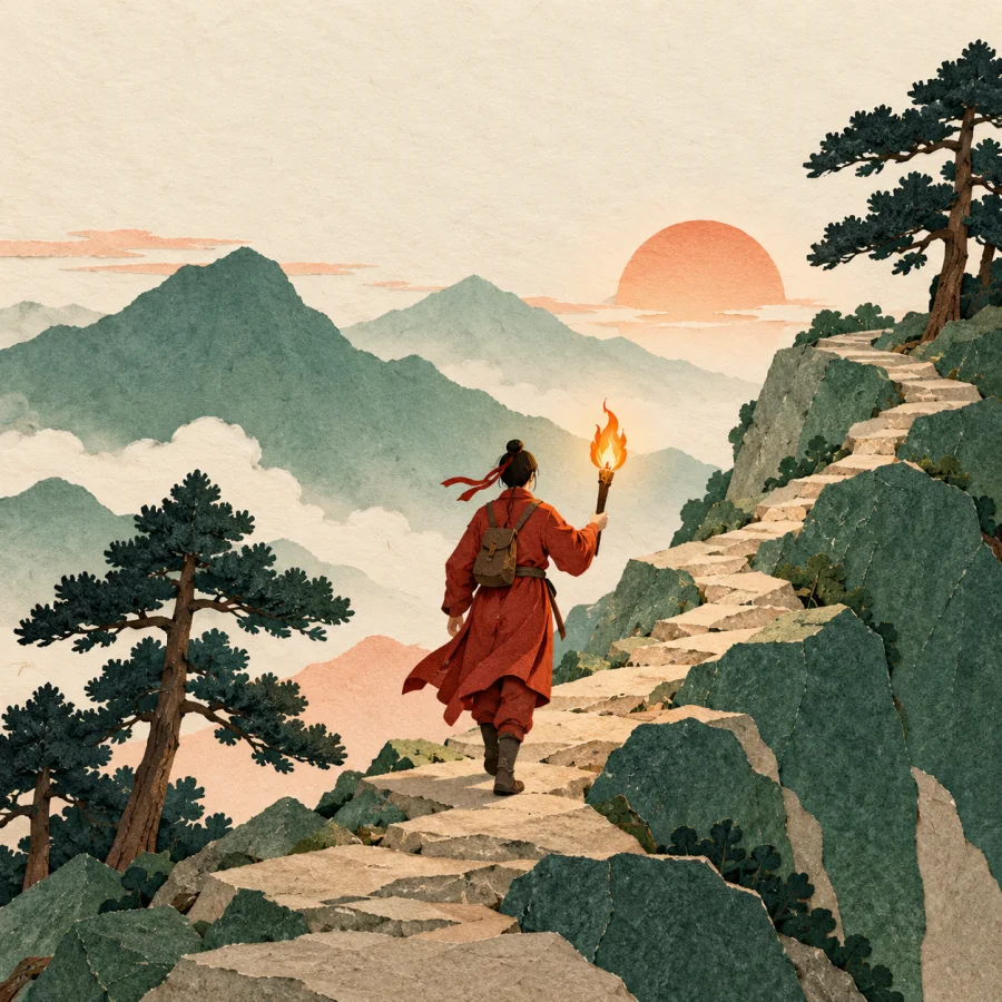 A person with a torch climbing a mountain path among pines