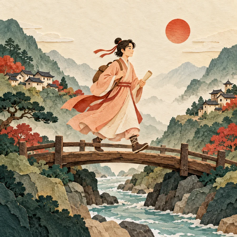 A traveler with a scroll crossing a bridge between two villages