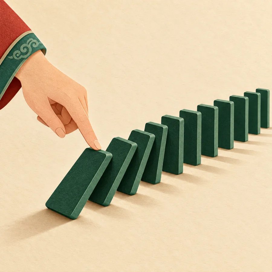 A hand tipping the first domino in a long row of dominoes