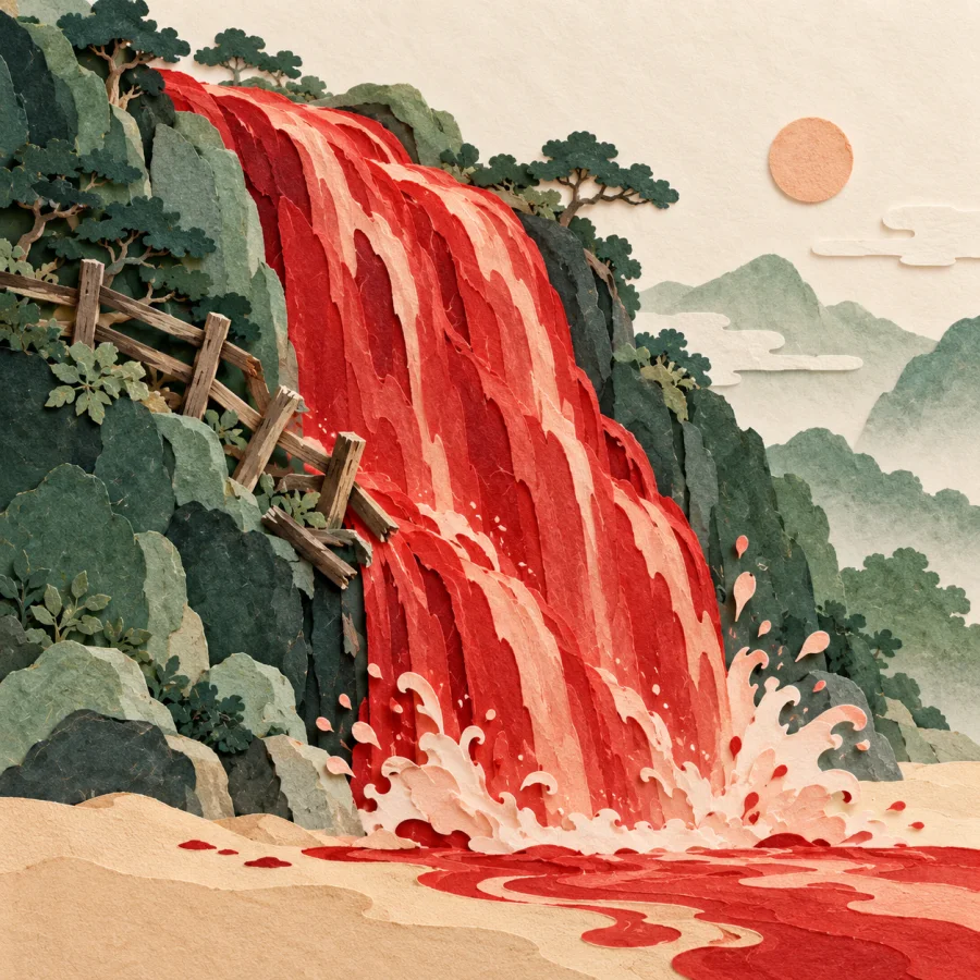 A rushing waterfall sweeping past a broken wooden fence