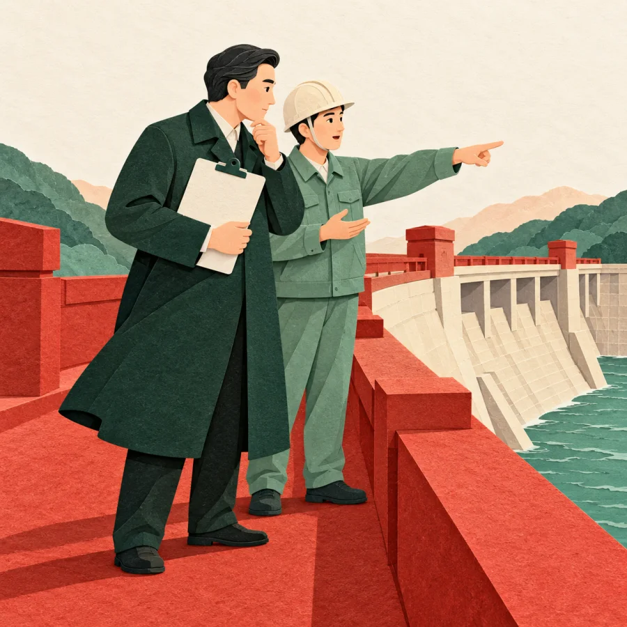 An official with a clipboard inspects a large dam wall