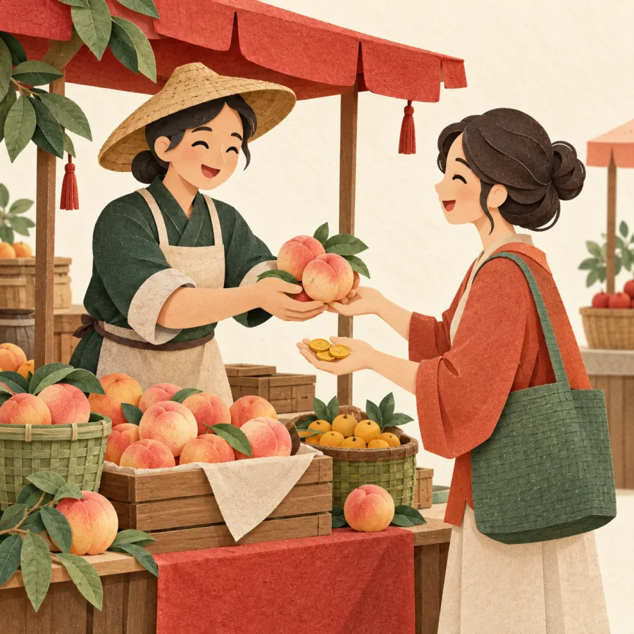 A busy market where a seller trades fruit with a buyer