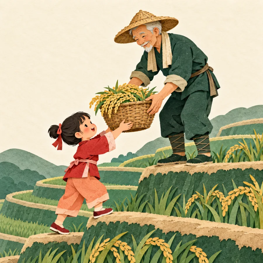 An elderly farmer and a child work together on terraced fields