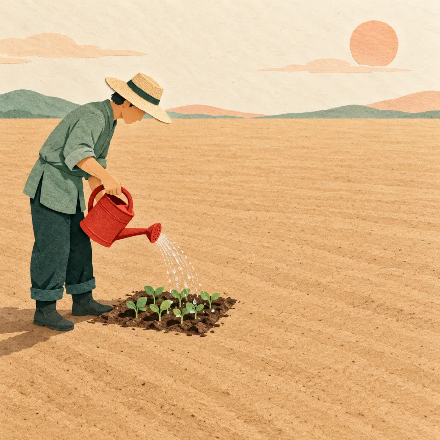 A gardener waters a tiny patch beside a large empty field