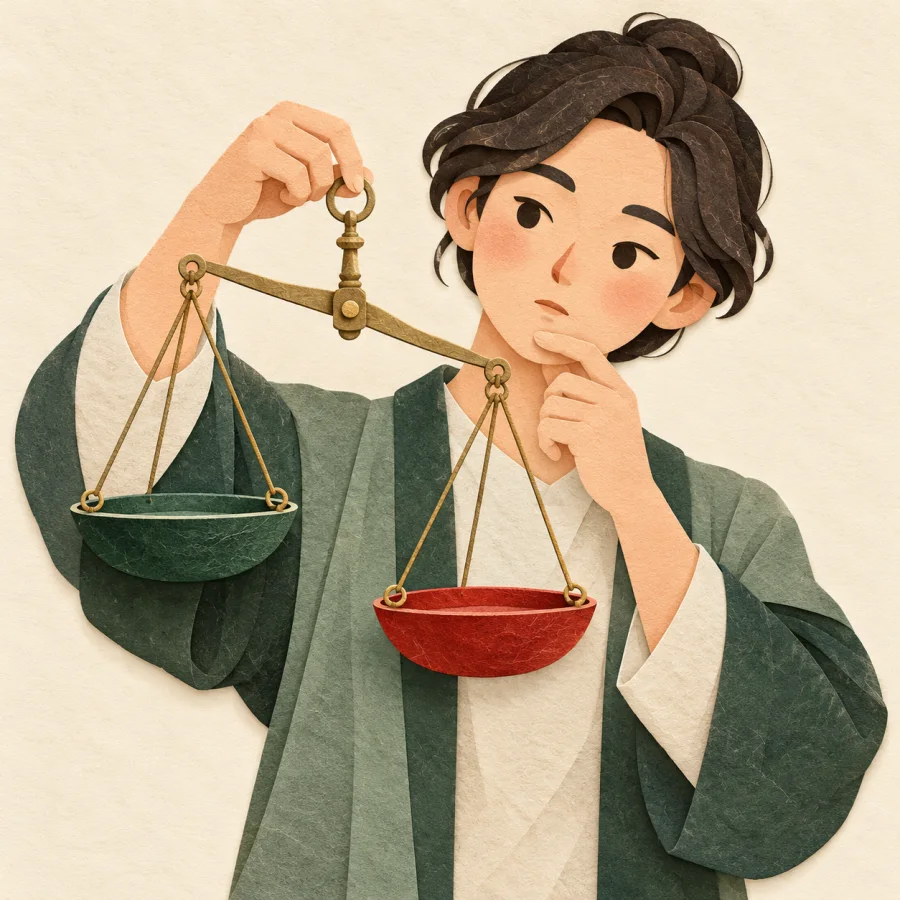 A person weighs a choice on scales with a dark and a light pan