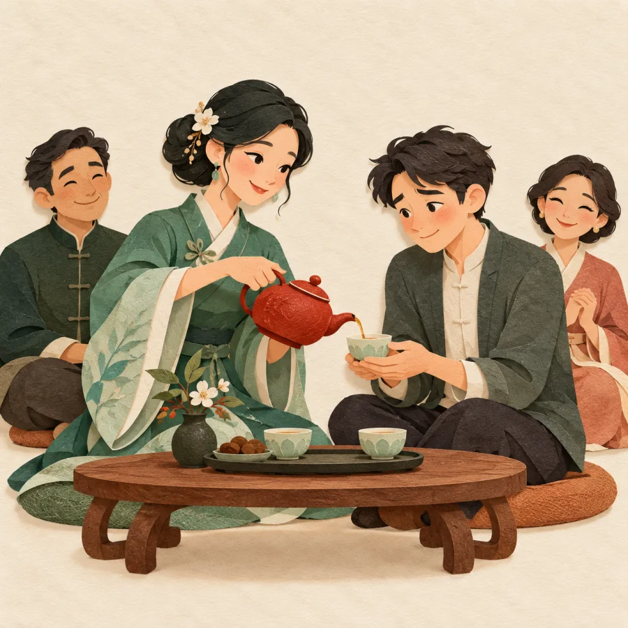 An elegant host politely serves tea to a guest at a gathering