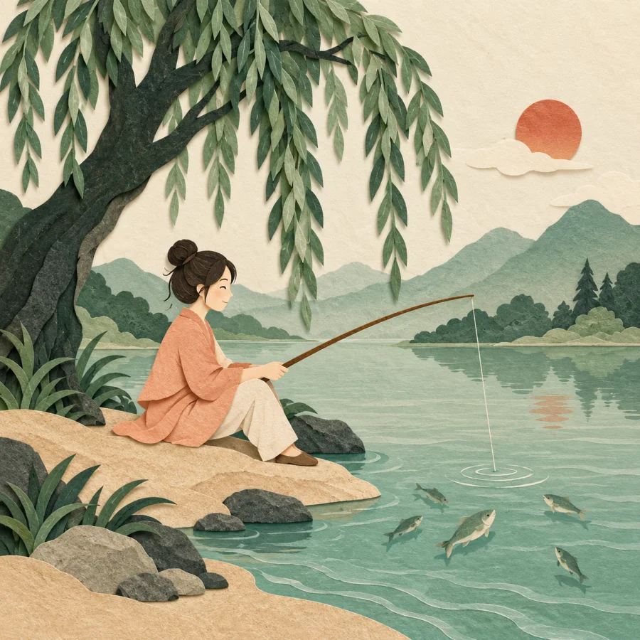 A person fishes by a lake under a green willow