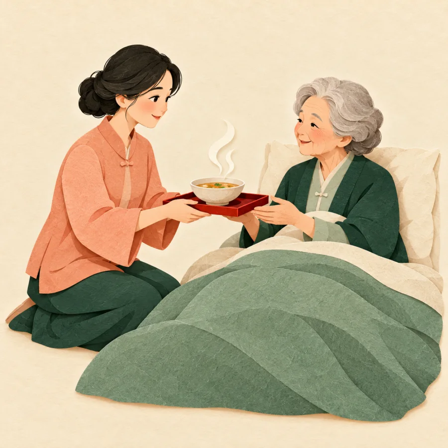 A carer offers soup to an elderly person lying in bed