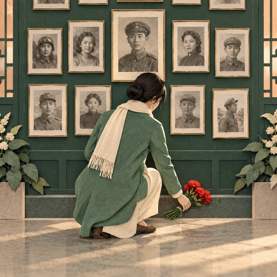 A visitor lays red flowers at a wall of framed portraits