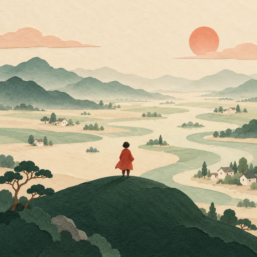 A small figure looks out over a wide world of houses and people